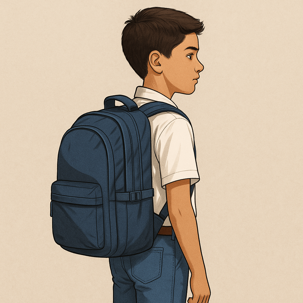 Student wearing a properly fitted school bag with padded straps and ergonomic posture