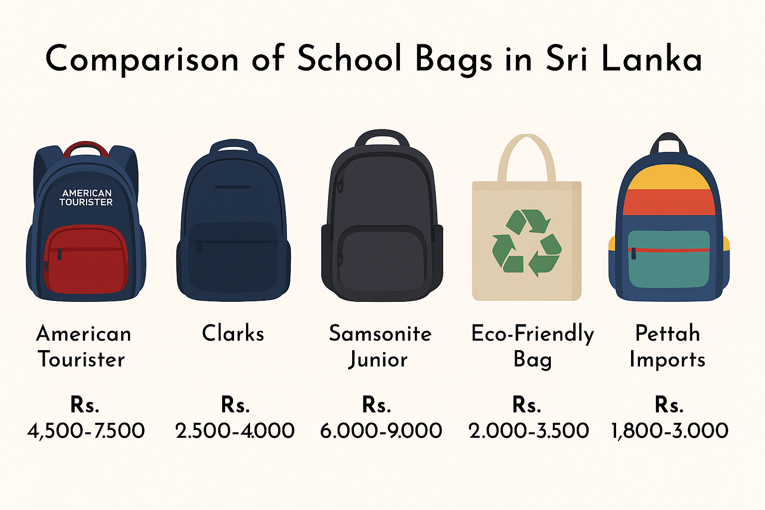 Comparison infographic of five school bag brands in Sri Lanka with prices and ratings