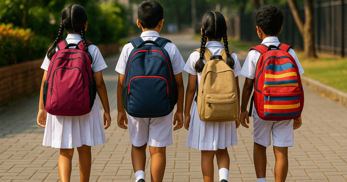Sri Lankan school children walking to school with colorful backpacks, bright morning light, 2025 hero banner style